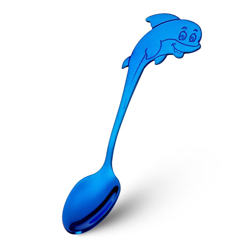 Cute cartoon colorful stainless steel spoon children cartoon dolphin spoon Dessert coffee milk tea small spoon: blue