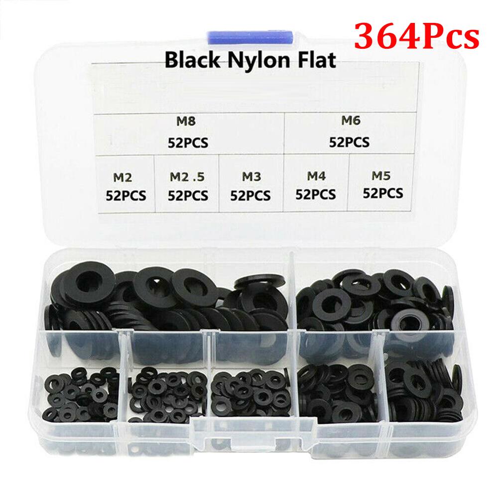 364 Stuks Black Nylon Rubber Platte Ring Reparatie Wasmachine Pakking Voor Metrische M2-M8 Bouten Schroeven