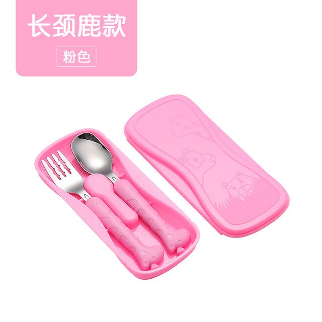 2 stks/set Rvs Vork Lepel Eetstokjes Reizen Ourdoor Camping Bestek Gereedschap draagbare Roestvrij Staal Servies 5 Kleuren: Pink-giraffe