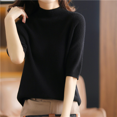 Camisa de malha de manga de cinco pontos de cashmere feminina primavera outono novo 100% lã pura meia manga camisola feminina: L / Preto