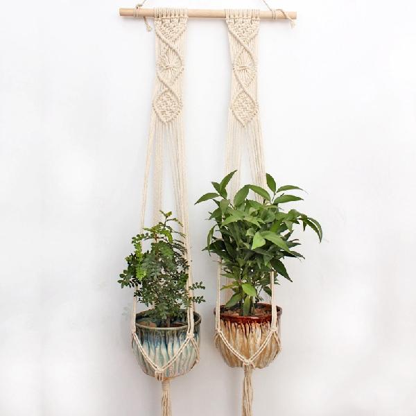 LanLan 2PCS Macrame Plant Hanger Indoor Outdoor Hand Knit Hanging Planter Wood Stick Basket Wall Art: G2001