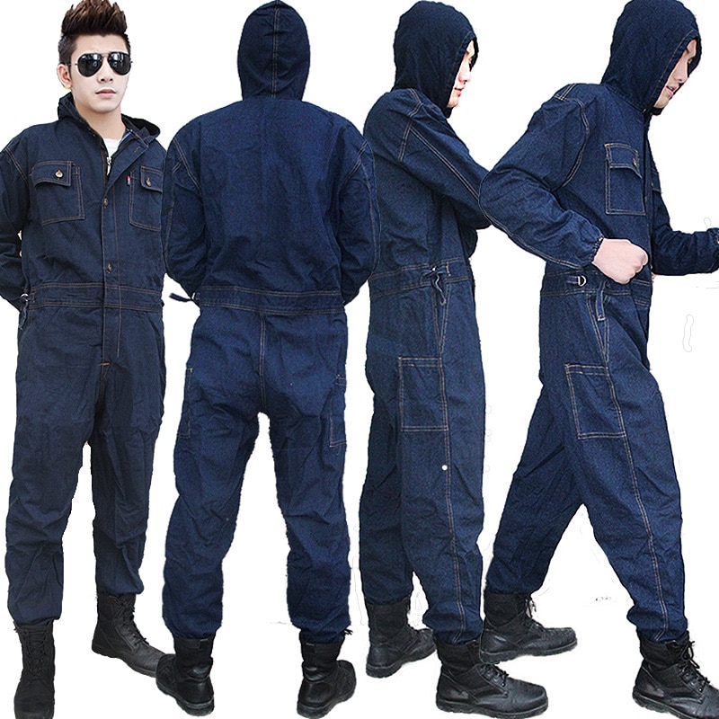 Mens Overalls Denim Work Clothing Hooded Coveralls Plus Size Labor Overalls For Worker Machine Welding Auto Repair Painting