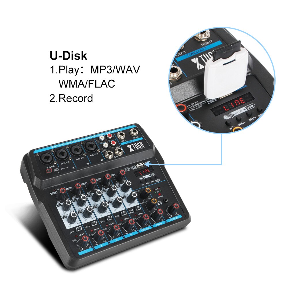 XTUGA AM4/AM6 Protable Audio Mixer with Sound Card,Bluetooth,USB, 48V Phantom Power for PC/Recording/ Live Show/ Party