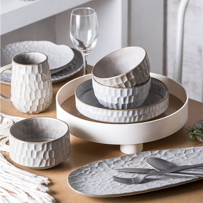 Vajilla de cocina de cerámica de estilo nórdico, taza de desayuno, plato de porcelana para salsa, plato de cena, taza de café, tazón de arroz, tazón de postre y ensalada
