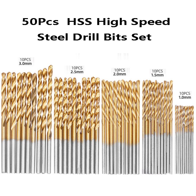 50 pièces HSS haute vitesse en acier forets ensemble titane enduit forets outil outils électriques 1/1.5/2/2.5/3mm