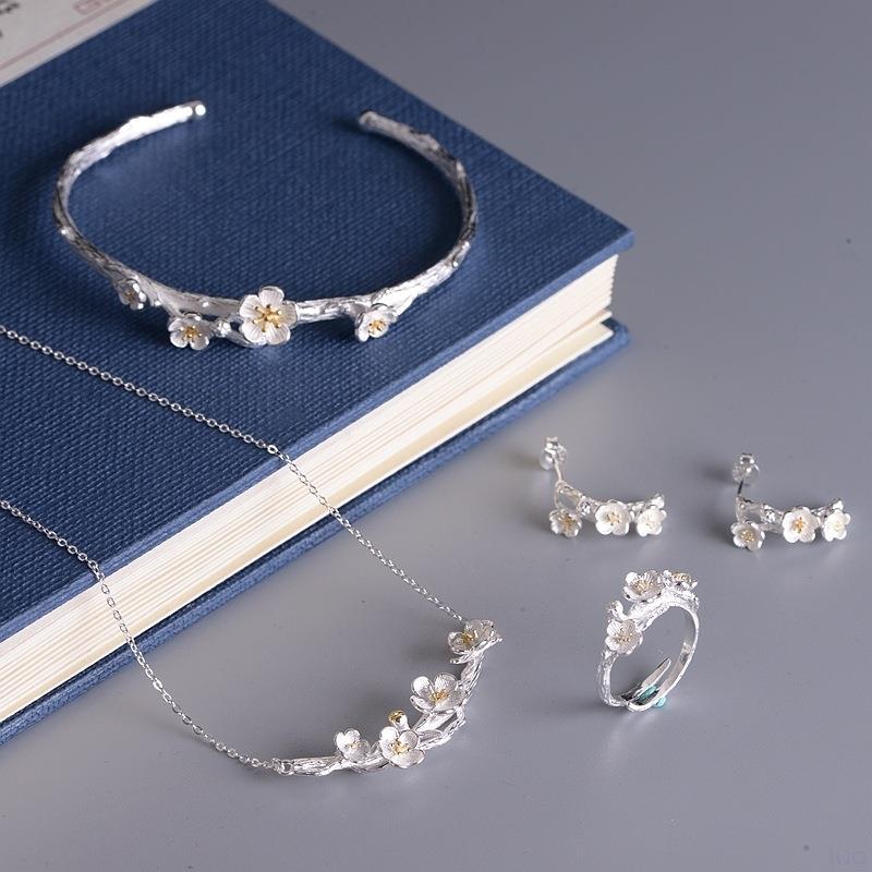 S925 Stamp Silver Color Sakura Plum Blossom Flower Jewelry Set Necklace Earrings Ring Bracelet For Women: Default Title