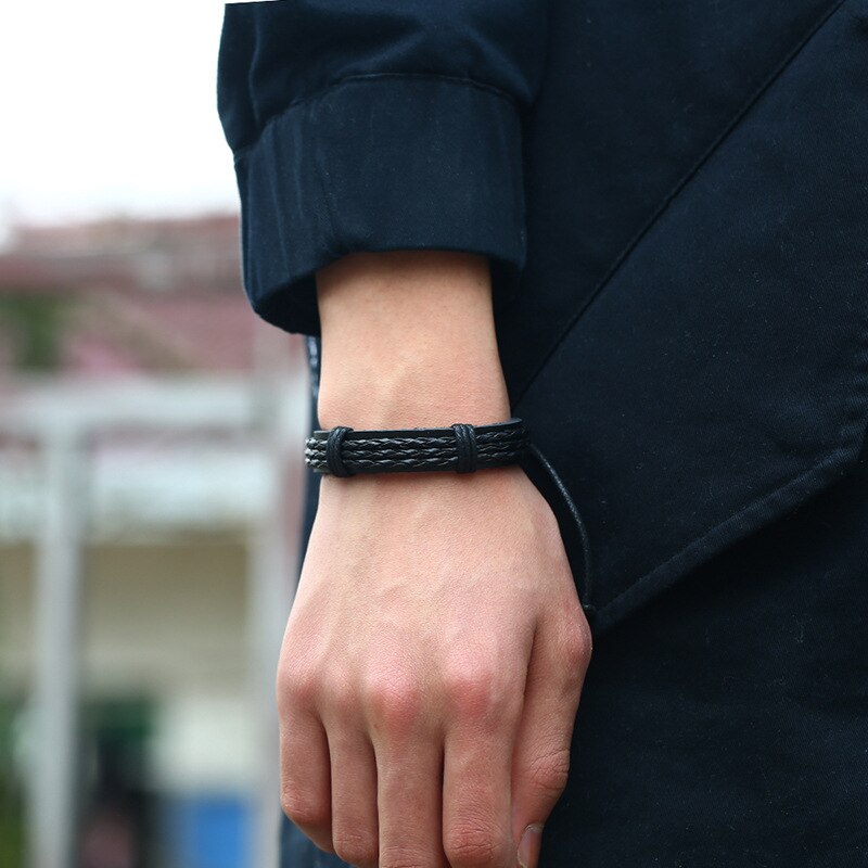 Handgemaakte Gevlochten Mannen Armband Vintage Black Leather Wrap Armbanden Voor Mannelijke Sieraden