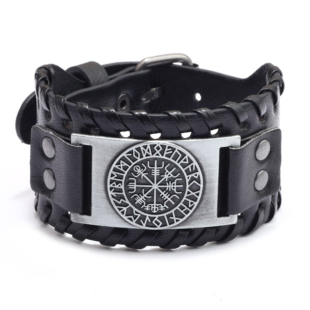 Wikinger Armbinde Nordischen Vegvisir - nordisch Armbinde mit Runic Kompass-keltisch heidnisch Schmuck für Männer Ehemann freund: PU alt Silber-