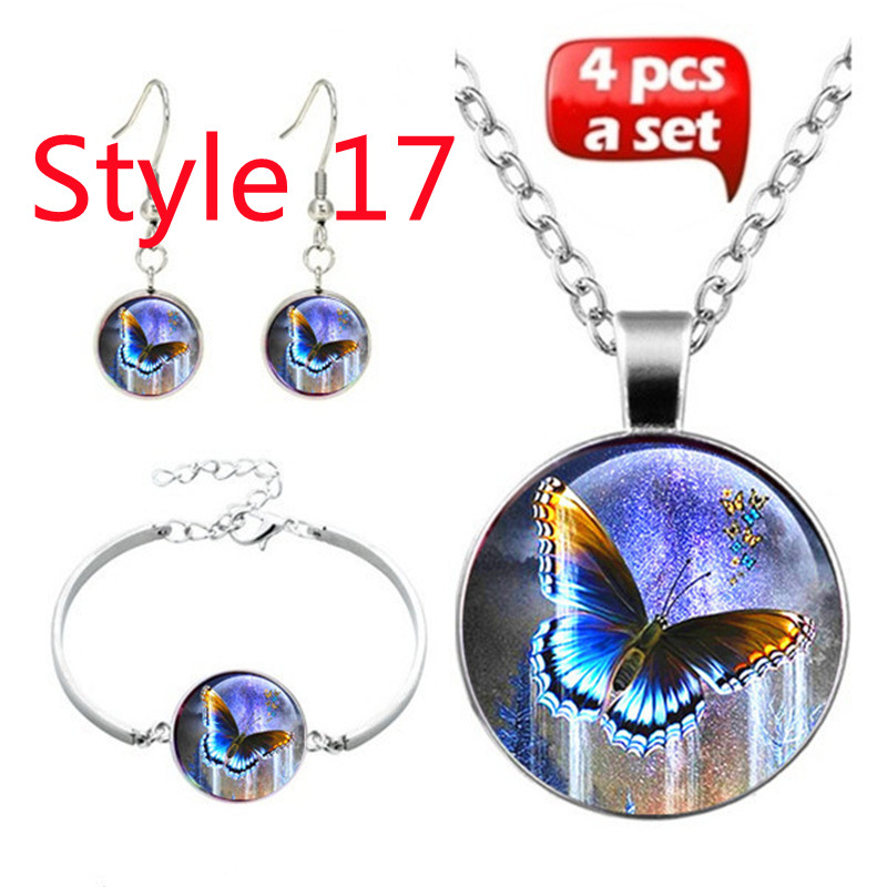 Tegel Sieraden Vlinder Glas Cabochon Ketting Stud Oorbellen Armband Set Totally 4Pcs Boom Celestial Vrouwen Sieraden Set: Style 17