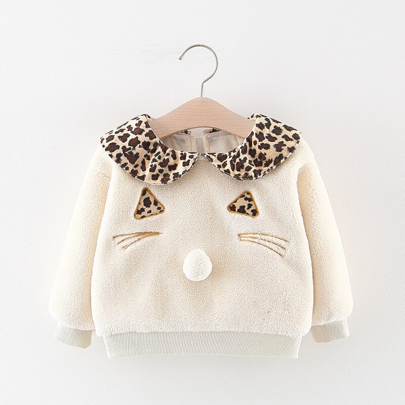 Vinter varm bebis flickor tecknad katt leopard kavajkrage förtjocka fleece sweatshirts barn barn huvtröjor ytterkläder: Beige / 3t