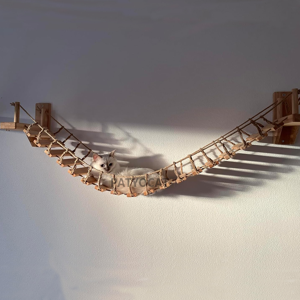 Cat Tree Wall Mounted Climbing Shelves Wooden Hammock with Ladder and Cat Bridge for Cat Perch Sleeping Pet Indoor Playground