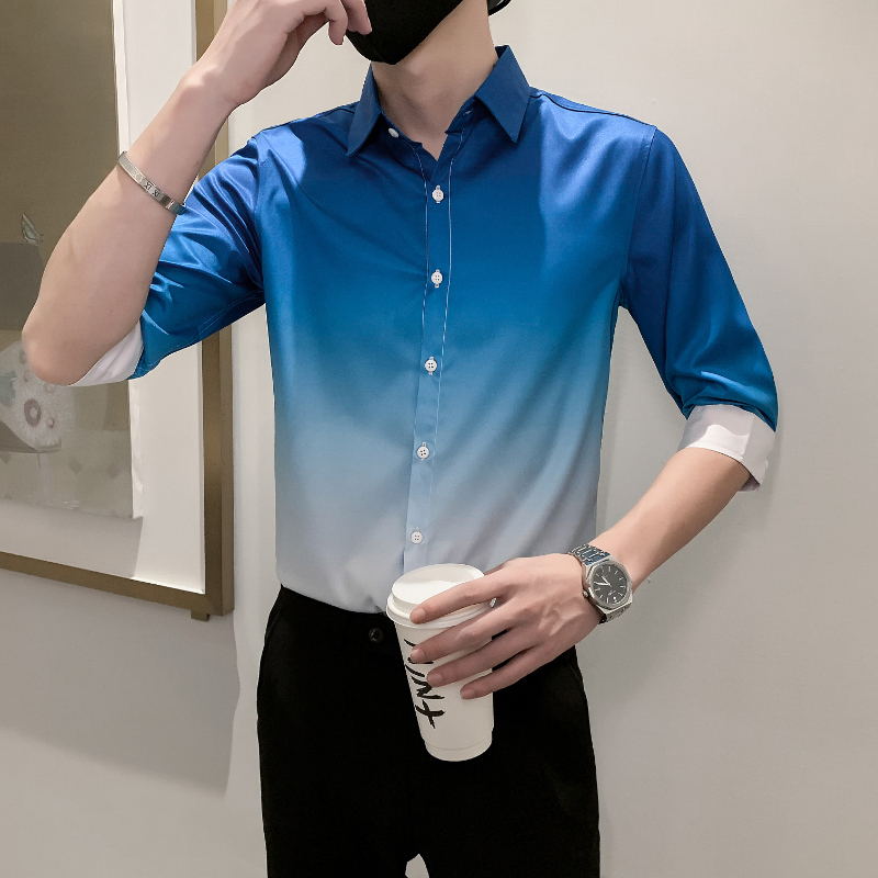 Camisa de Color degradado para hombre, ropa informal ajustada, esmoquin para baile de graduación, Media manga, 4xl-M: Blue / Asian XL 60-65KG