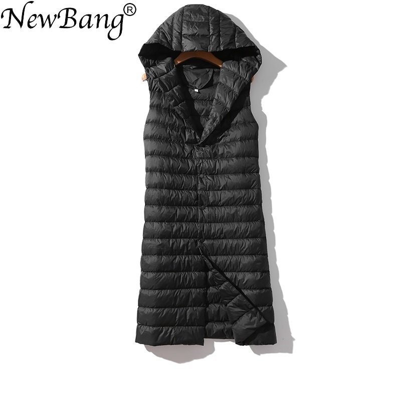Newbang mærke kvinders lang vest ultra lette dun veste hætte uden ærmer turn-down krave jakke enkelt breasted varm jakkesæt vest