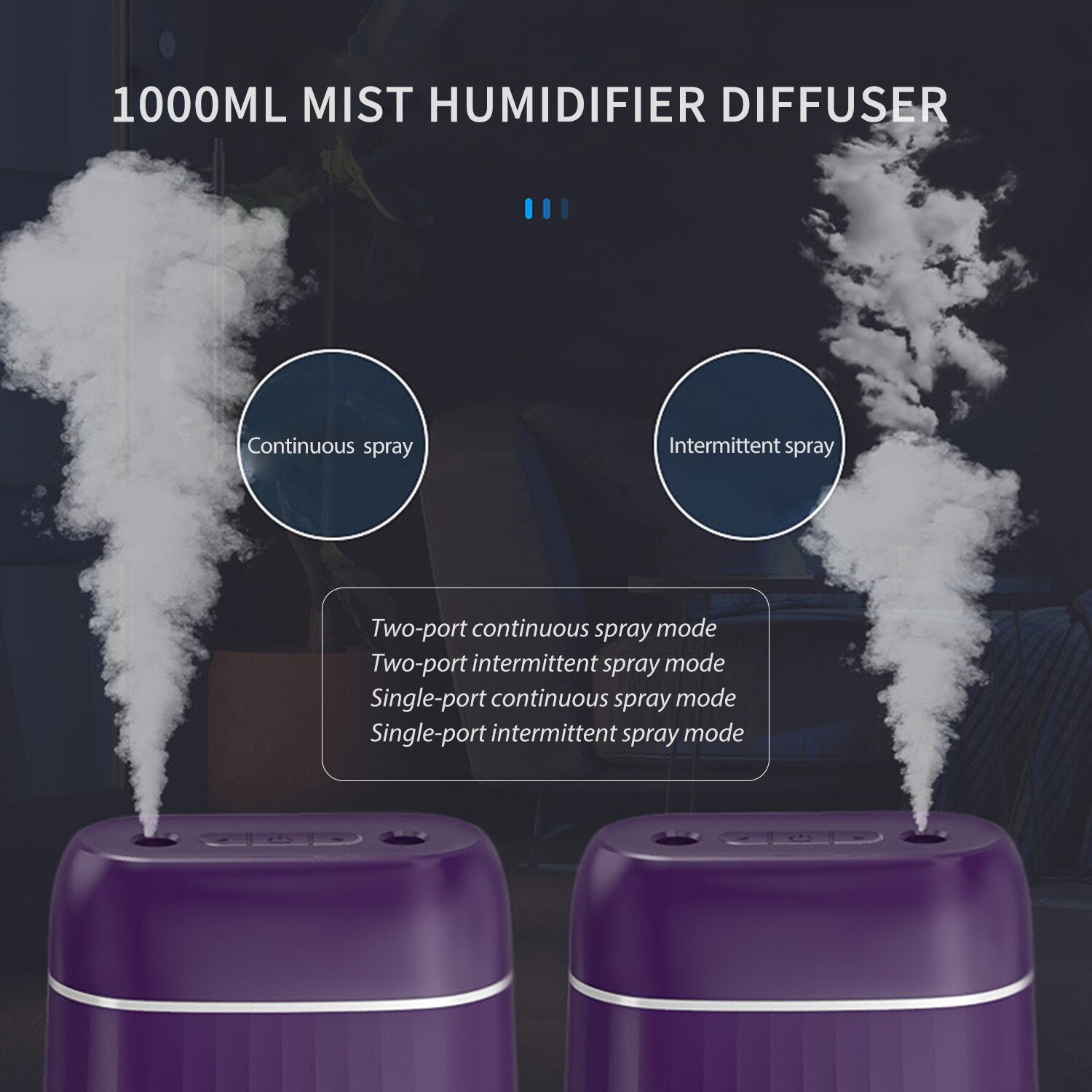 1000Ml Mist Luchtbevochtiger Diffuser Dubbele Nozzle Cool Mist Spray Met Nachtlampje Quiet Usb Luchtbevochtiger Essentiële Olie Diffuser