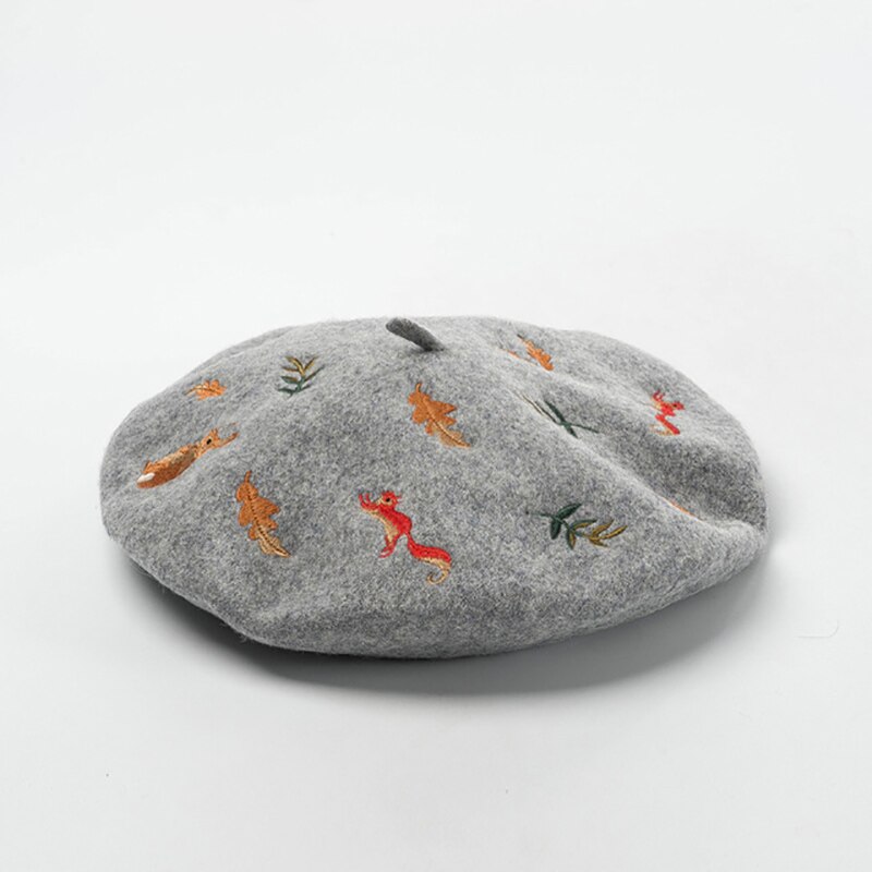 Herfst Winter Vrouwen Meisjes Mode Warme Kunstenaar Hoed Wollen Muts Mori Konijn Eekhoorn Bladeren Geborduurde Wol Baret Kunstenaar Hoed: 2