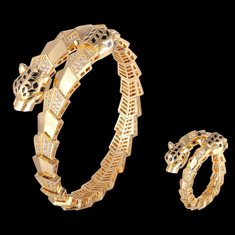 Zlxgirl luksuriøse justerbare mikro pave leopard form dyr armring smykke sæt guld farve armbånd & armbånd gratis æske tasker: Guld / 7