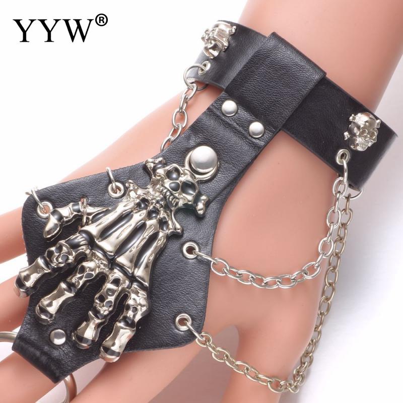 Unisex Cool Punk Rock Gothic Skeletschedel Hand Handschoen Ketting Armband Handschoen Ring Set Cool Mens Vrouwen Sieraden