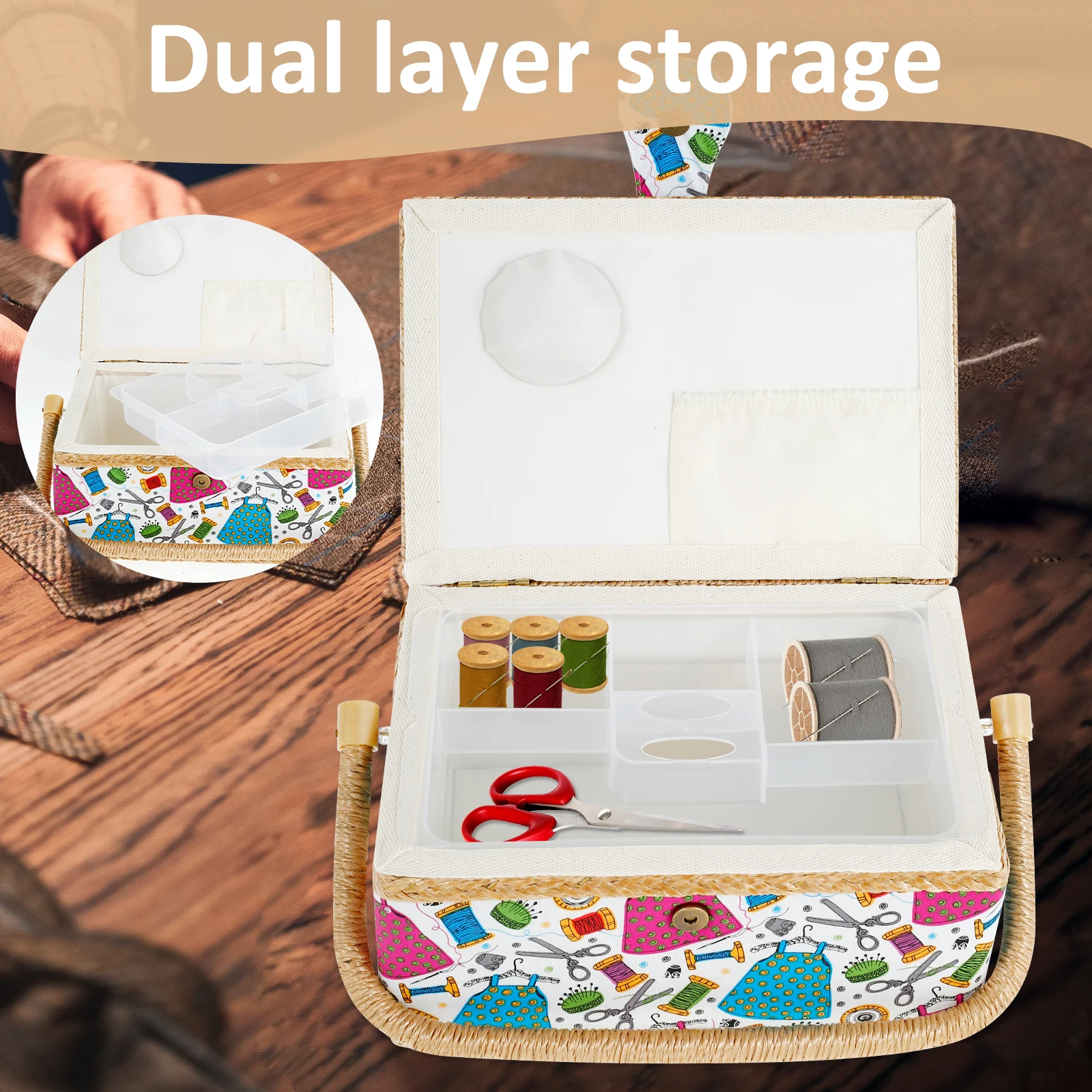 Sewing Basket with Removable Tray Practical Sewing Basket Organizer with Interior Pocket Portable Sewing Storage Box Stylish