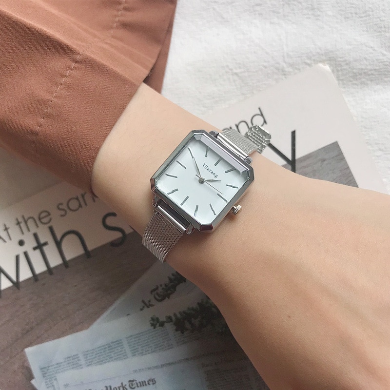 Montres en argent pour femmes, carré Vintage pour dames, Ulzzang, montre à Quartz décontractée avec bracelet en maille