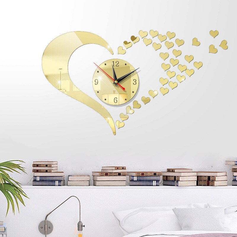 Reloj de pared 3D con forma de corazón, , acrílico, Digital, grande, para sala de estar, pegatinas de espejo, decoración moderna para el hogar: Light Gold