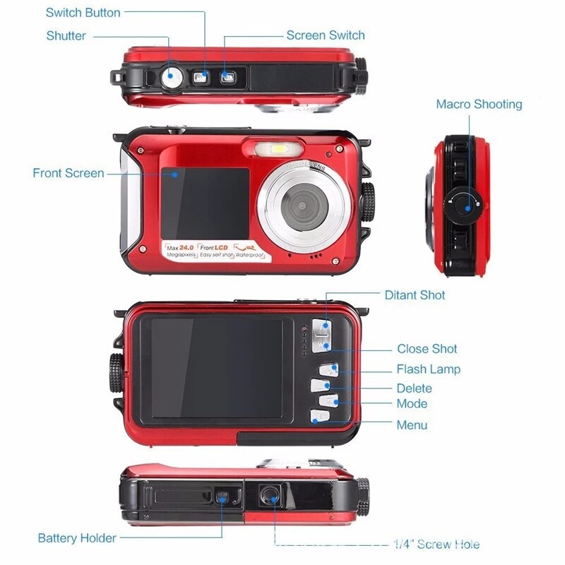 Waterdichte digitale camera, onderwatercamera, videorecorder, selfie dual sn dv opnamecamera (rood)