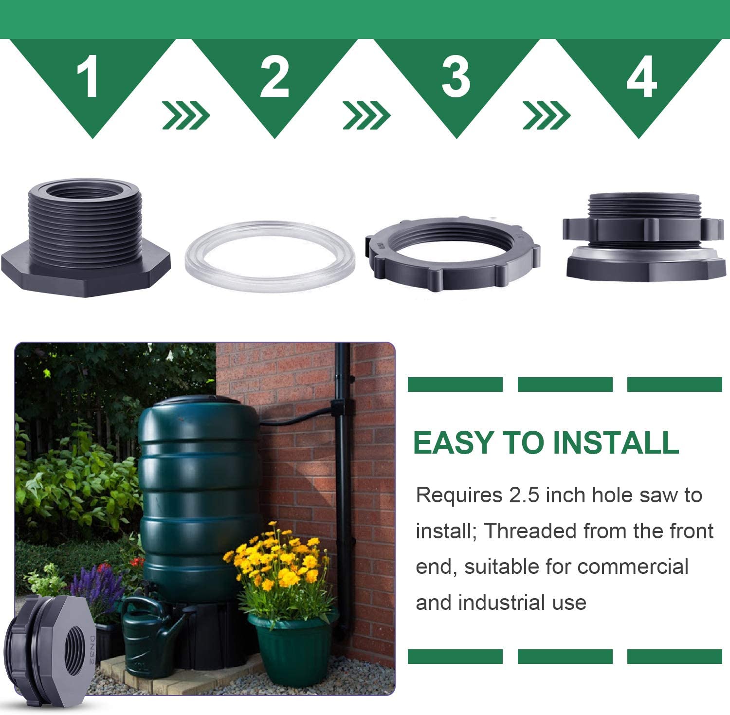 SCB PVC 40MM Threaded Bulkhead Fittings for Plastic Rain Barrels, Aquariums, Ponds or Water Tanks (1.25 Inches)