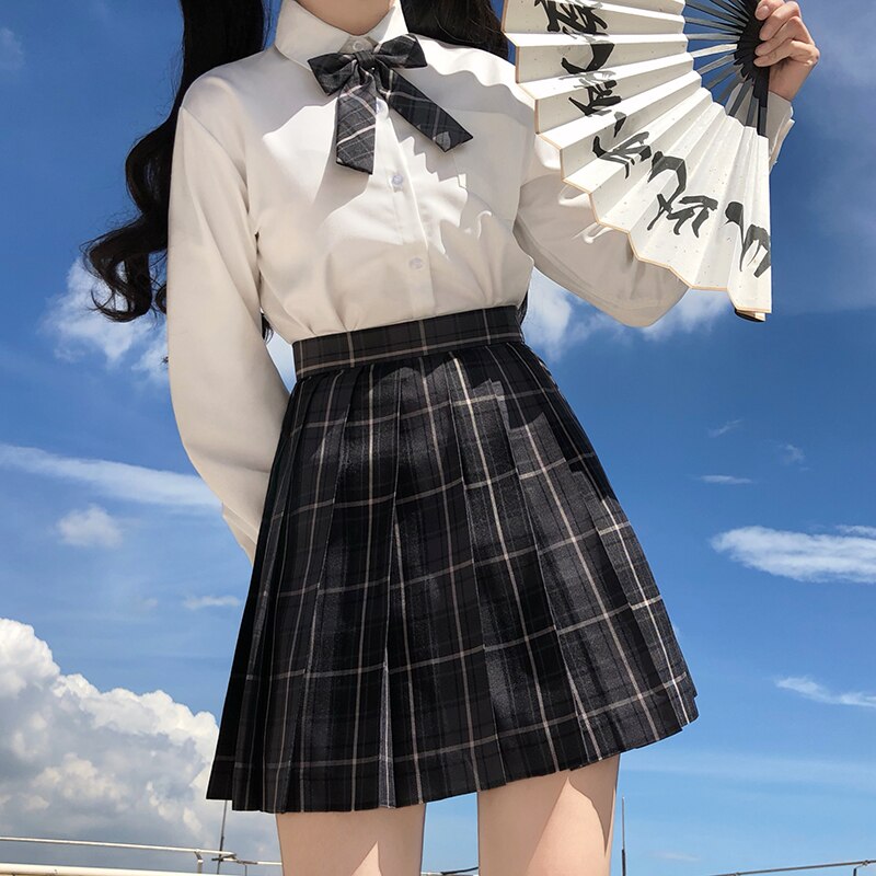 [Smoky Gray] Girl's Summer High Waist Pleated Skirts Plaid Skirts Women JK Uniforms Girl School Dress Students Cloths