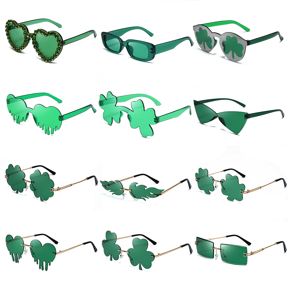 Gafas de sol de trébol irlandés para el Día de San Patricio, lentes verdes de trébol de cuatro hojas, disfraz de Leprechaun, gafas de sol sin montura a la