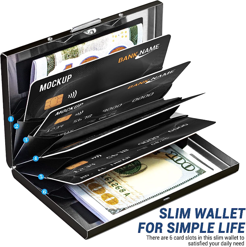 Anti-escaneo RFID 6 tarjetas de gran capacidad de aluminio Metal tarjetero de crédito funda tipo billetera con bloqueo delgado protección para tarjetas de visita: Negro