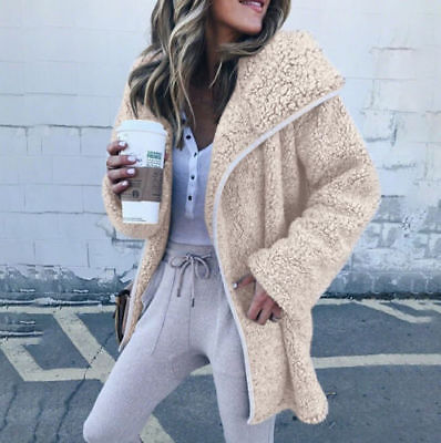 Vinter dame jakker kåpe dame varm genser cardigans dame fleece imitert pels hettegenser yttertøy manteau femme plus str.: Beige / S