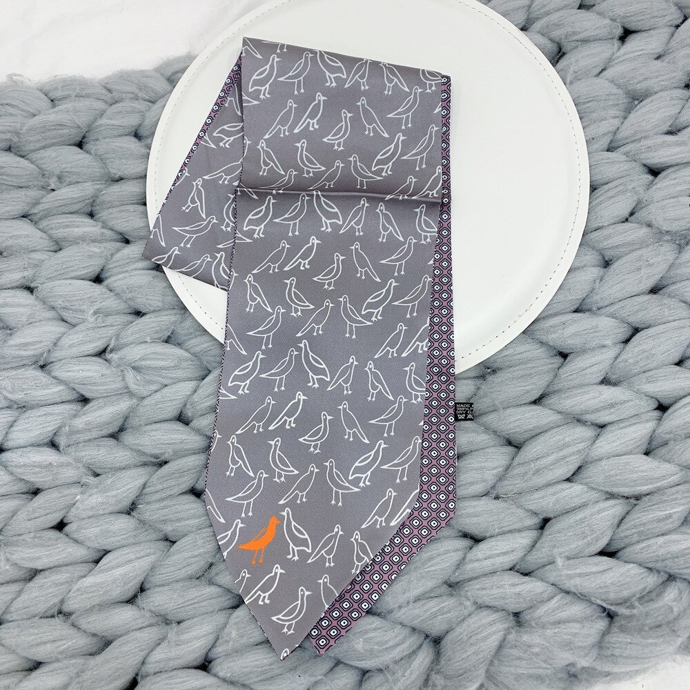Factory Double Printing Long Silk Women Neckerchief Skinny Bag Scarf Female Neck Twill Silk Scarf Head Scarves Wraps For Ladies: Bird Gray