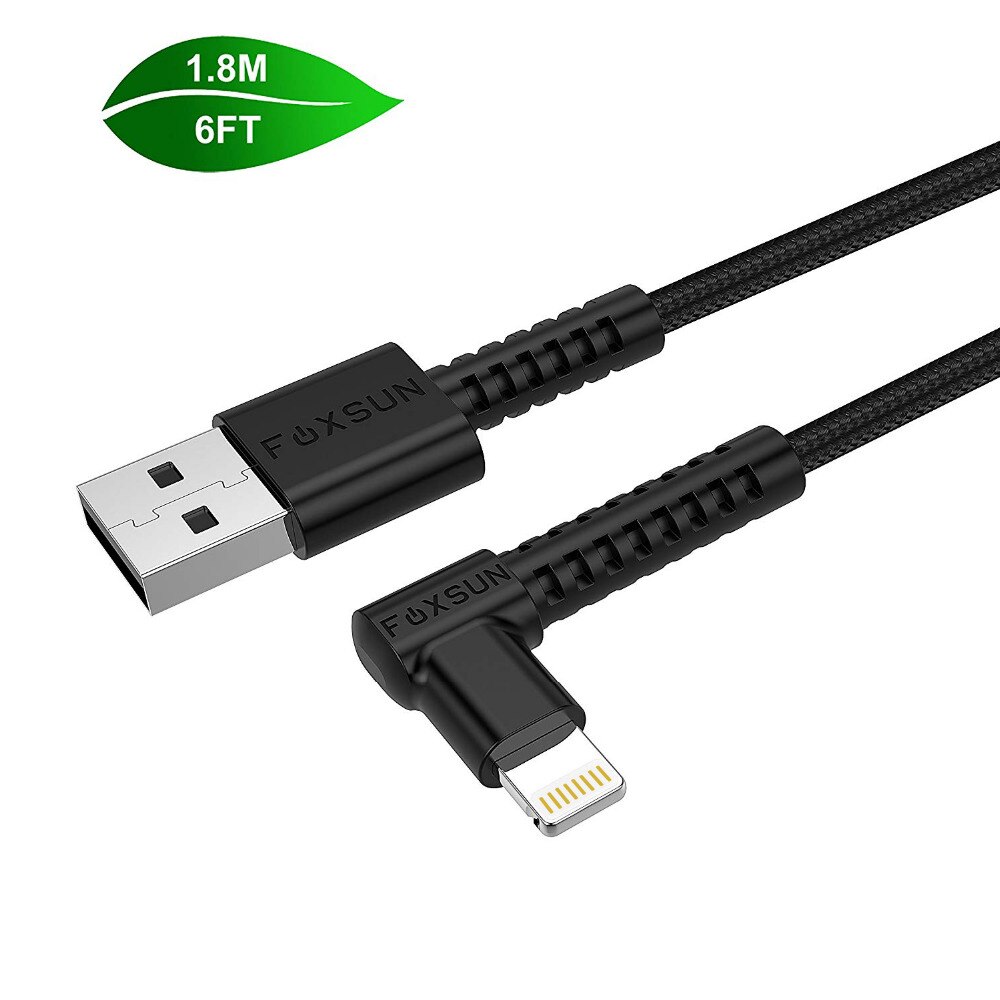 Foxsun Right Angle For Lightning Cable 90 Degree iPhone Charger USB Cable Nylon Braided Fast Speed Data Sync Apple Charging Cord: Black