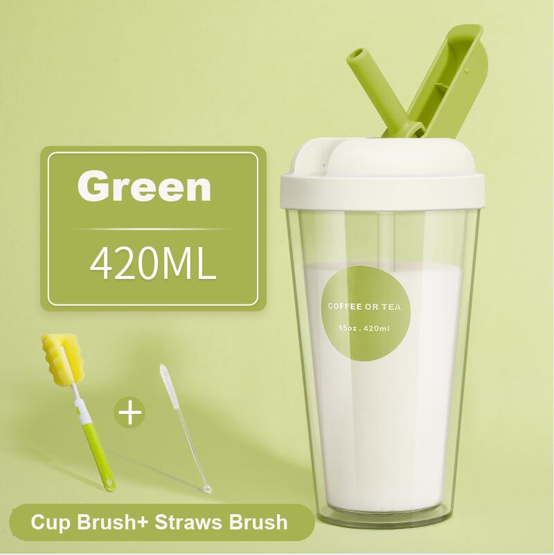 Ins 420ml dubbla lager återanvändbar kaffekopp mjölk te smoothie halmkoppar utomhus dricksflaska resemugg med borste: Grön