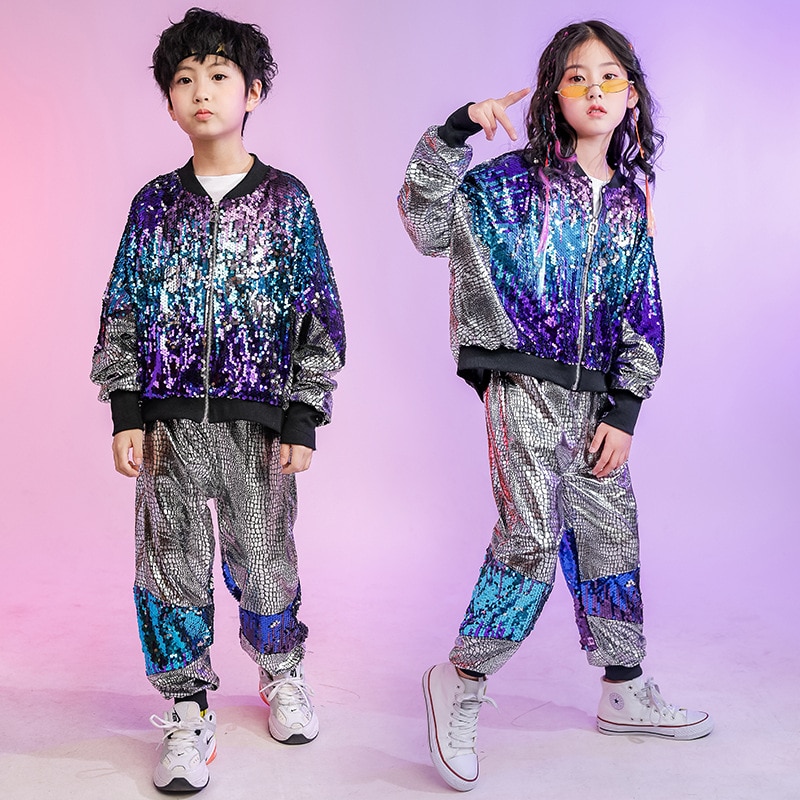Barn paljett hip hop kläder jacka top coat kort streetwear byxor för flickor pojkar jazz dans kostymer set kläder bära