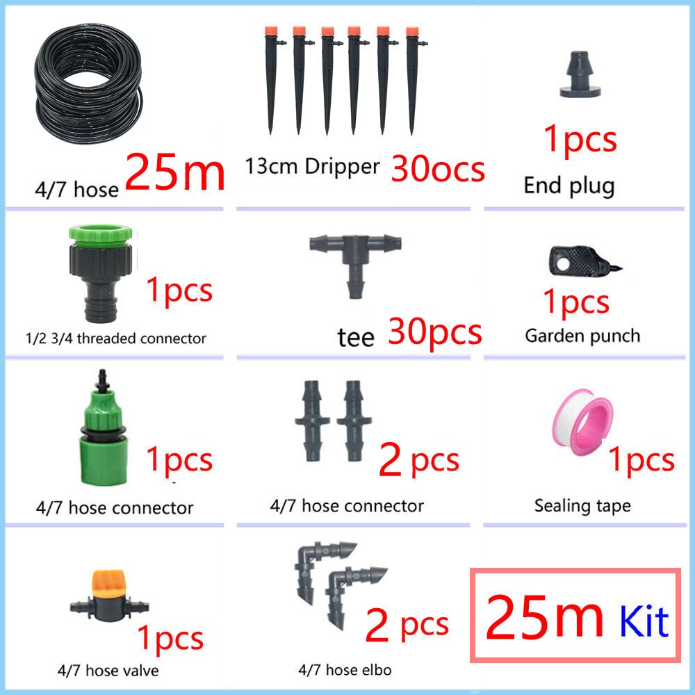 1/4" Hose Drip Irrigation System 360 Degree Adjustable 8 Hole Sprinkler Kit Garden Watering Inserting Ground Micro Flow Dripper: 25M