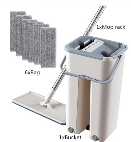 Flat squeeze mop and bucket, self-wringing, hands-free mop, microfiber mops, floor cleaning tools, wet/dry for hardwood, laminate, and tiles: 6 rag set