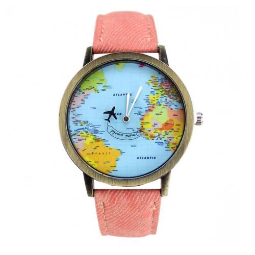 Reloj de cuarzo con correa de cuero de imitación para mujer, pulsera de hora con de mapa del mundo, esfera redonda, Retro Unisex: Rosa