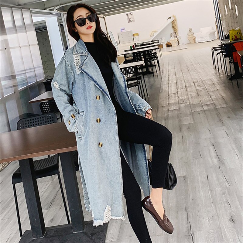 Vintage Denim Trench Coat Women Classic Double Breasted Hole Long Windbreaker Female Spring Street Loose Denim Coat