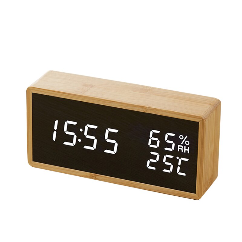 Modern Sound Control LED Alarm Clock Wooden Watch Despertador Temperature Humidity Electronic Desktop Digital Table Clocks: WhiteLED Alarm Clock