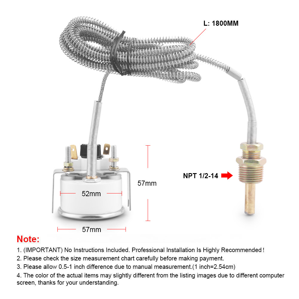 2" 52MM Mécanique 40-120 ℃ /100-250 ℉ Jauge de température de l'eau 12V, compteur de voiture avec capteur NPT 1/2