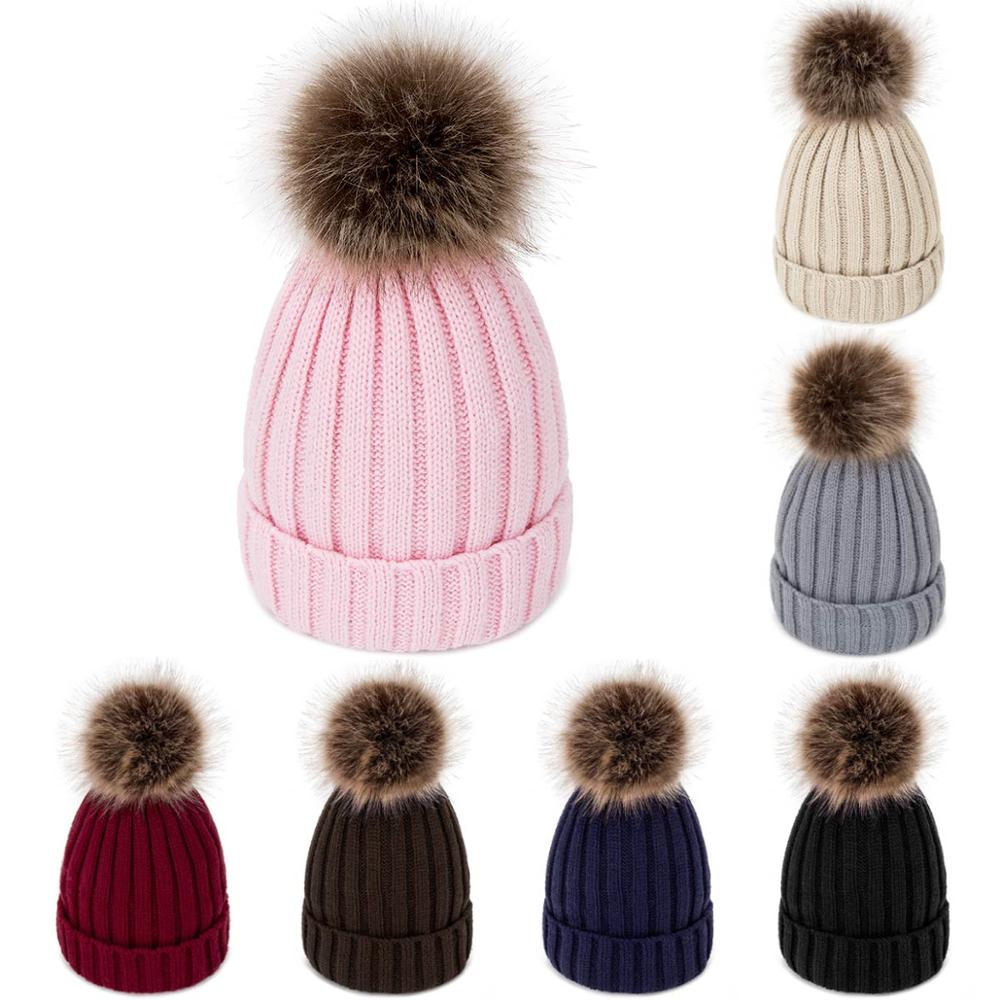Women's Winter Hats Knit Plus Velvet Warm Beanie Hat Ladies Solid Color Pom-pom Hat Clothing Accessories