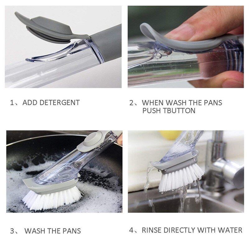 KONCO Handheld Keuken Borstel Set met Zeep Container Dispenser, 4 Vervangbare Zeep Doseren Gootsteen Borstel voor Pan, pot