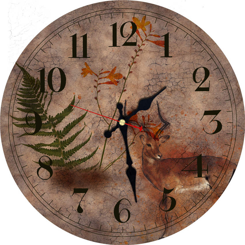 Reloj de pared de madera grande, reloj de pared de madera redondo con números grandes árabes, ciervo gris, decoración artística para el hogar: 17031 / 6 inch ( 15 cm )
