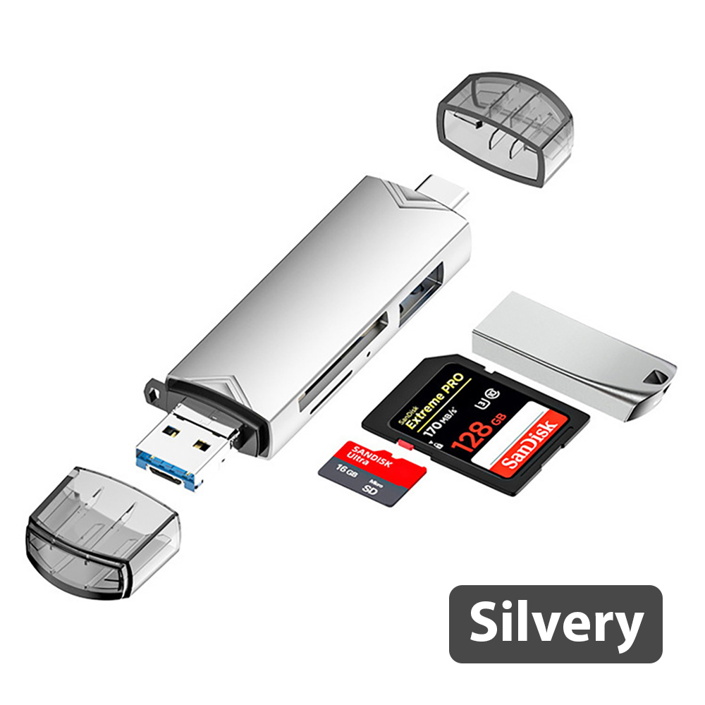 USB 3.0 6 in 1 Multi Functional Card Reader Tpye C Micro USB U DriveTransfer Universal Speed Transmission Mobile Phone Notebook: Silver