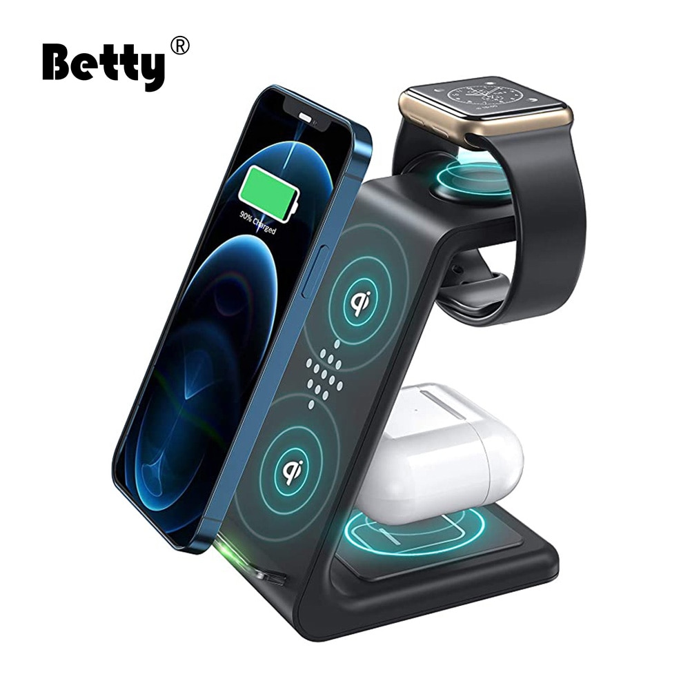 Stazione di ricarica Wireless Betty Qi 3 in 1 per supporto telefono Apple Samsung Watch Airpods Pro caricabatterie Wireless a induzione iWatch