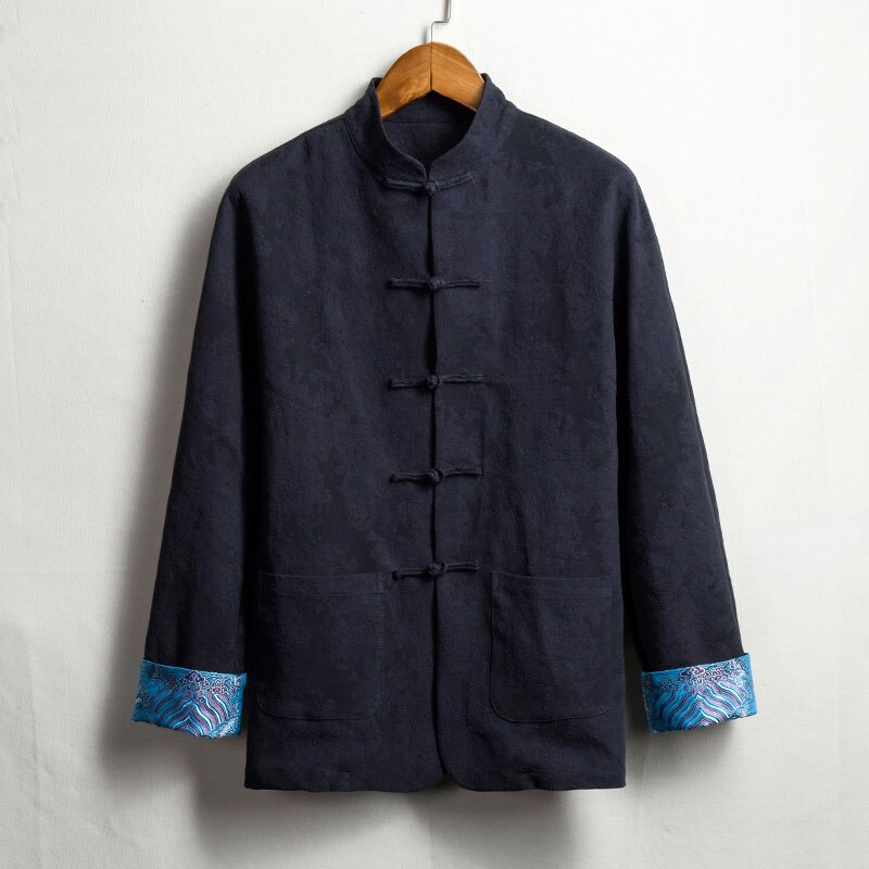 Chinese Style Men'S Cotton And Linen Jacket Middle-Aged Retro Long-Sleeved Linen Chinese Style Buckle Top Hanfu: Blue / XL