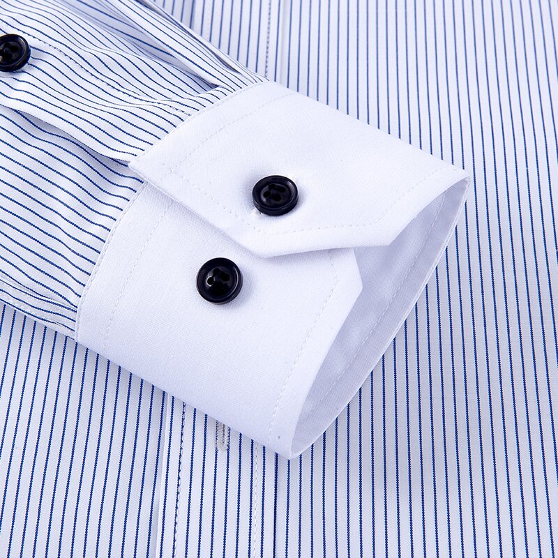 Mens Contrast Collar and Cuff Shirts Long Sleeve Striped Business Formal Shirts Men Dress Shirt Slim Fit White Collar