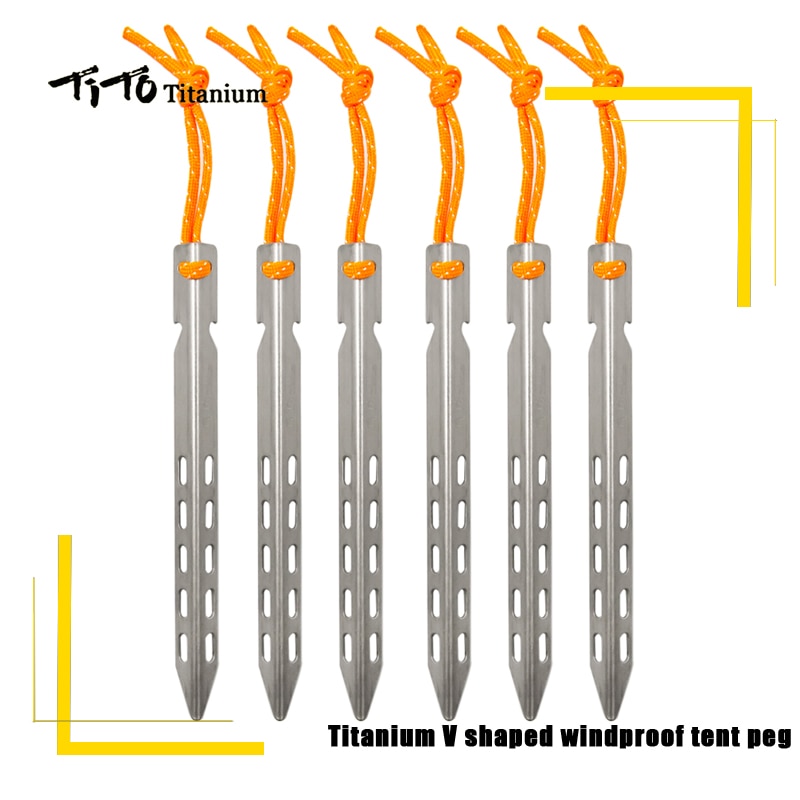 Tito 6 pcs titanium telt pind v form titanium spike vindtæt udendørs camping titanium telt søm tilbehør titanium telt indsats