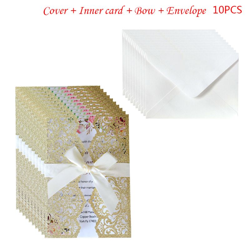10 stk / sæt bryllupsinvitationskort med bånd hule blonder konvolutter forlovelse brude baby shower fødselsdagsfest forsyninger