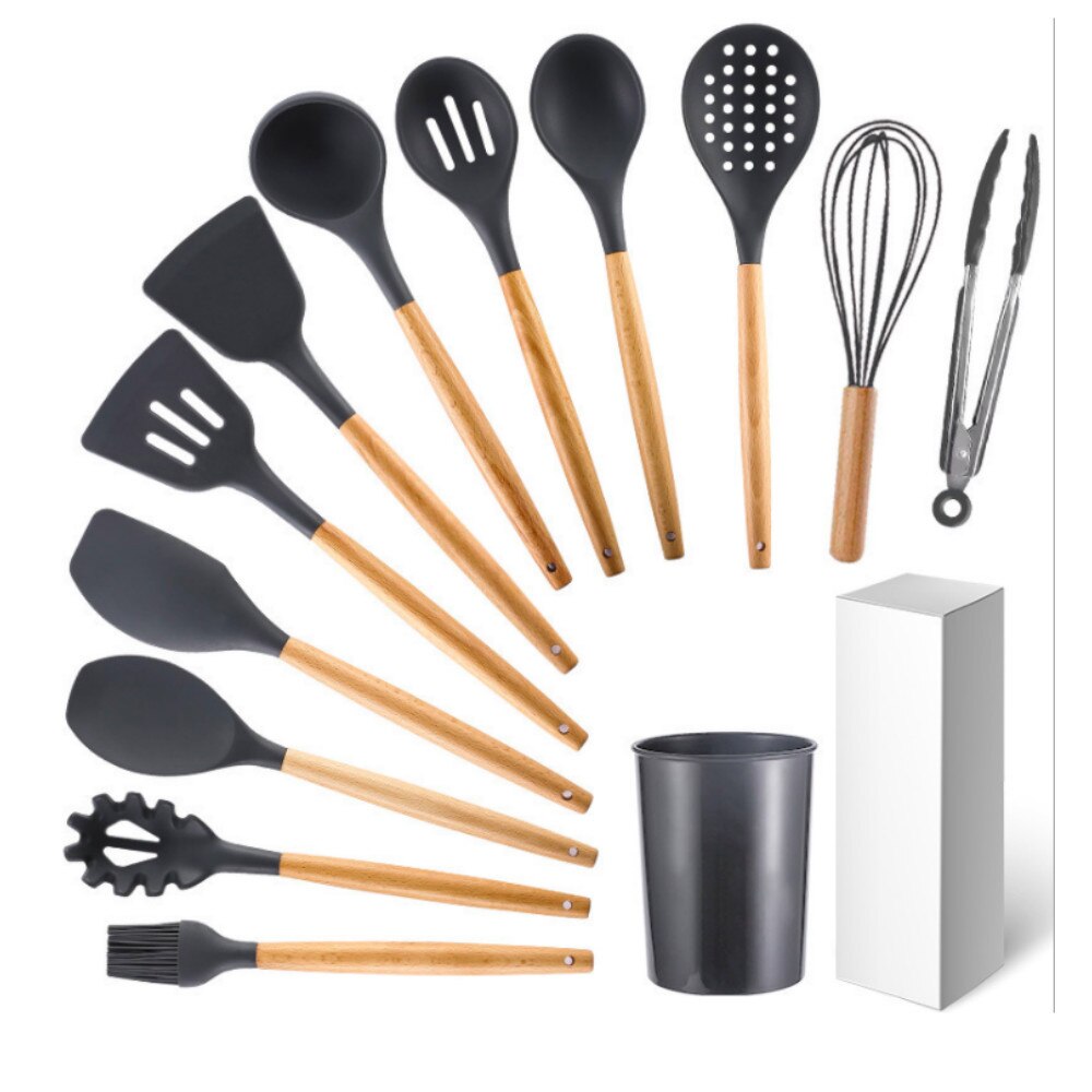 Set van 9 siliconen keukengereedschappen, spatel, spatel, kwast, eierklopper, kookgerei, keukengereedschapset